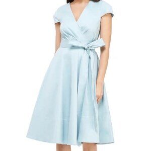 Gal Meets Glam Addison Cotton Fit & Flare Wrap Dress 6 NEW Seabreeze Blue Pastel